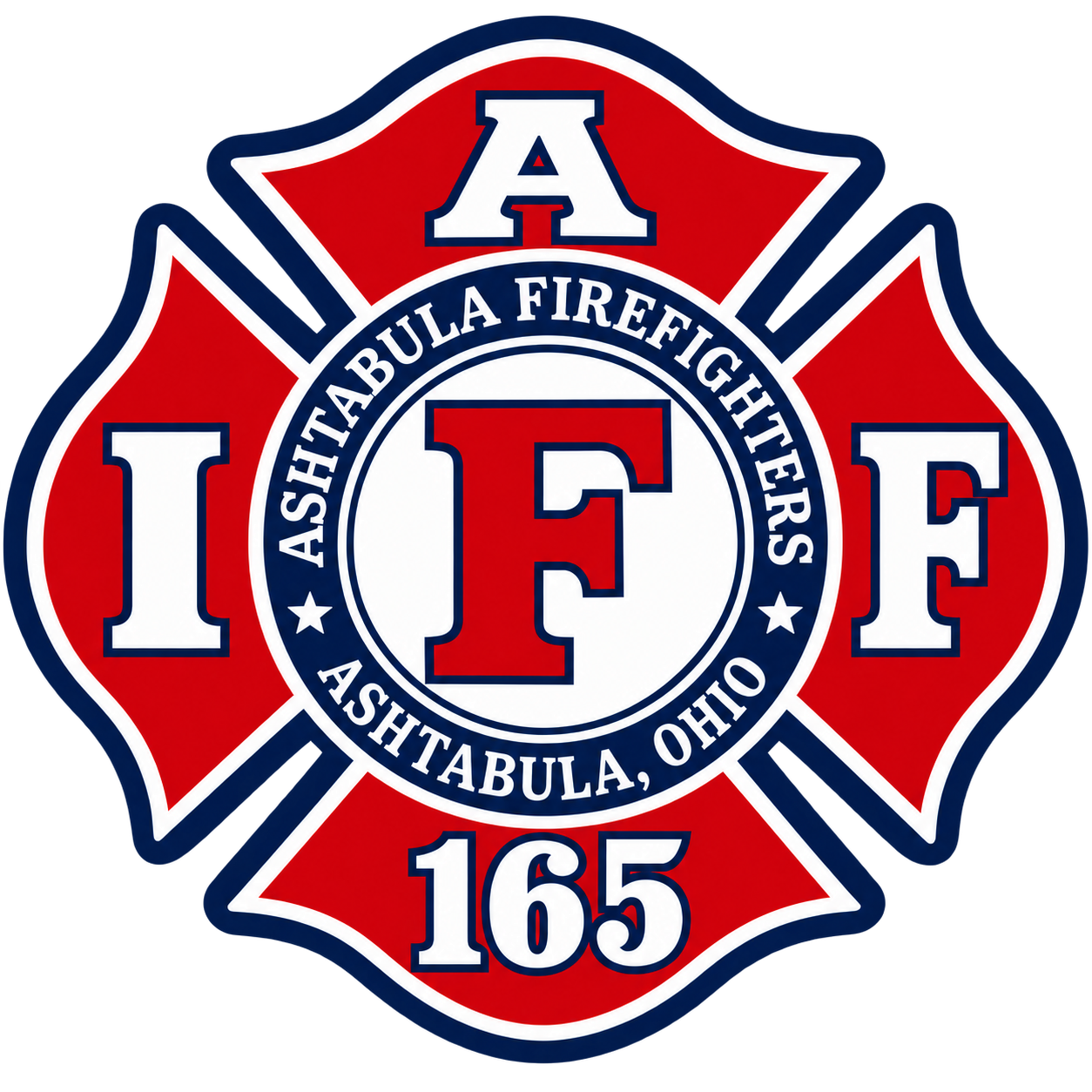 Ashtabula Firefighters IAFF Local 165 — red, white, and blue Maltese cross
